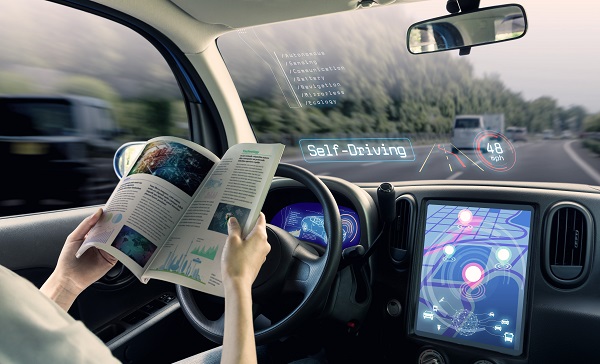 cockpit of autonomous car. a vehicle running self driving mode a
